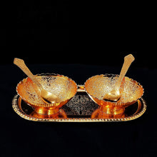 Elegant brass tray set with gold and silver plating, includes bowls and spoons in a velvet gift box.