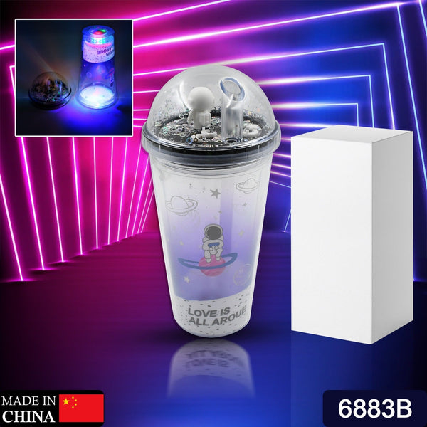 Insulated tumbler cup with space-themed design, LED glow